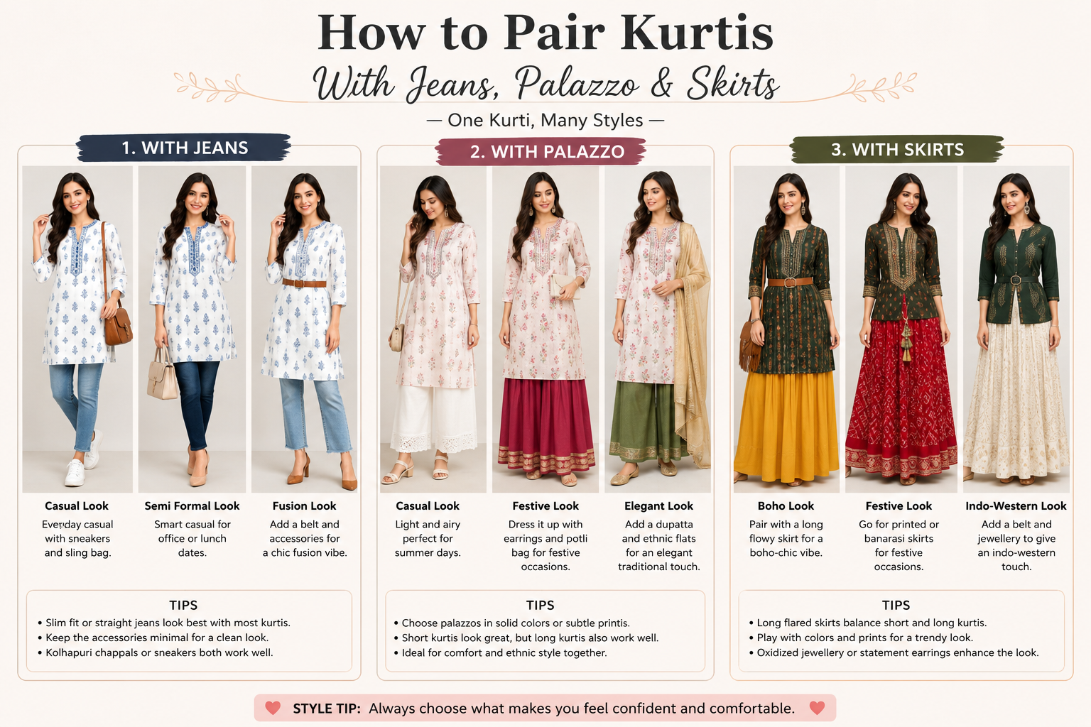 How to Pair Kurtis with Jeans, Palazzos, and Skirts